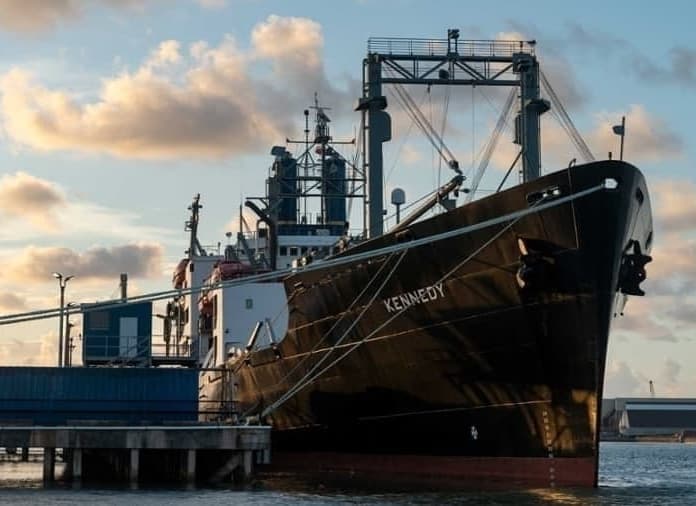 Training Ship Kennedy sits in dock at sunset on the Texas A&M University at Galveston campus.